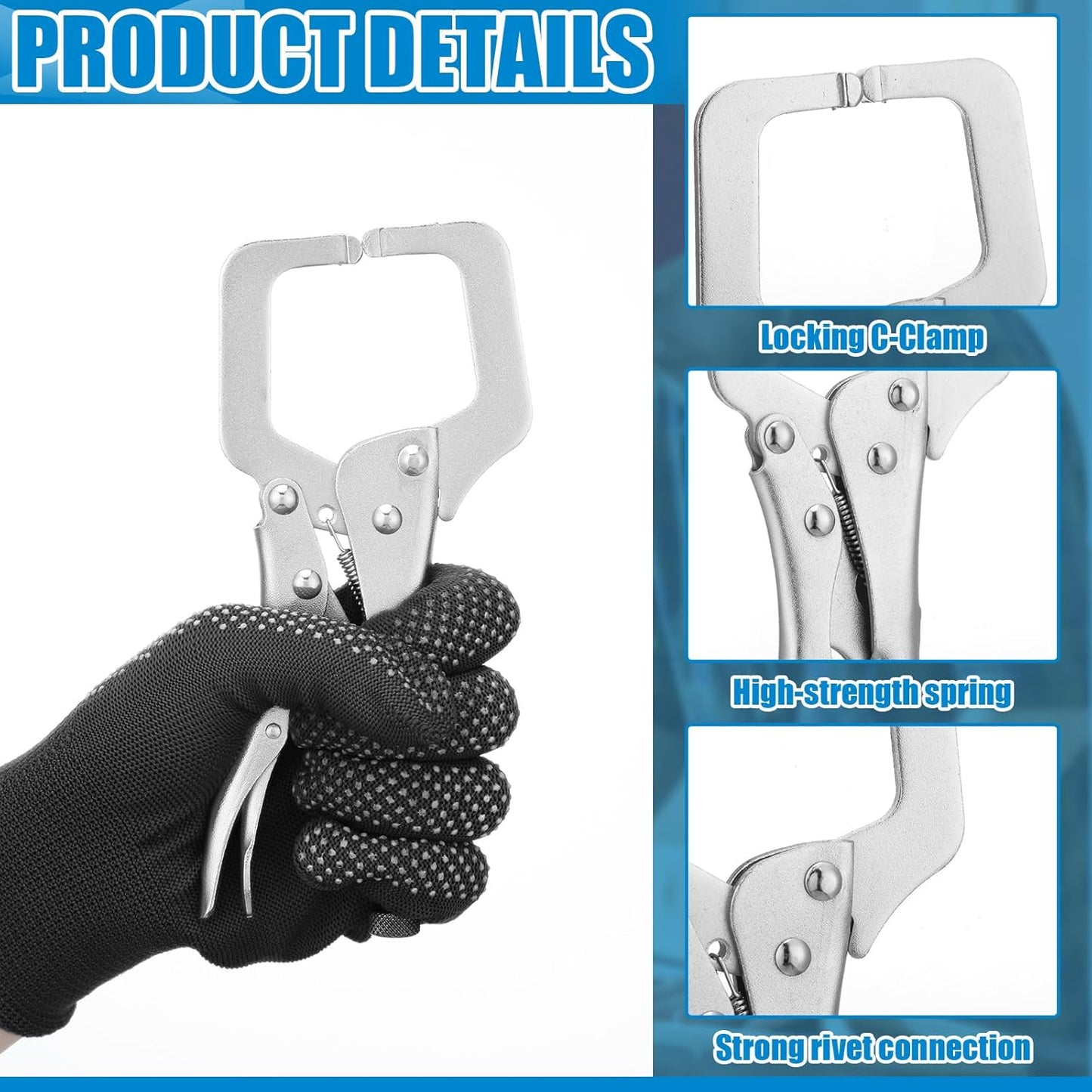 6 Pcs Inch Locking C Clamp Original Lock Regular Tips Plain adjustable Alloy Steel for Woodworking Carpentry Welding Electrical Equipment, Silver -