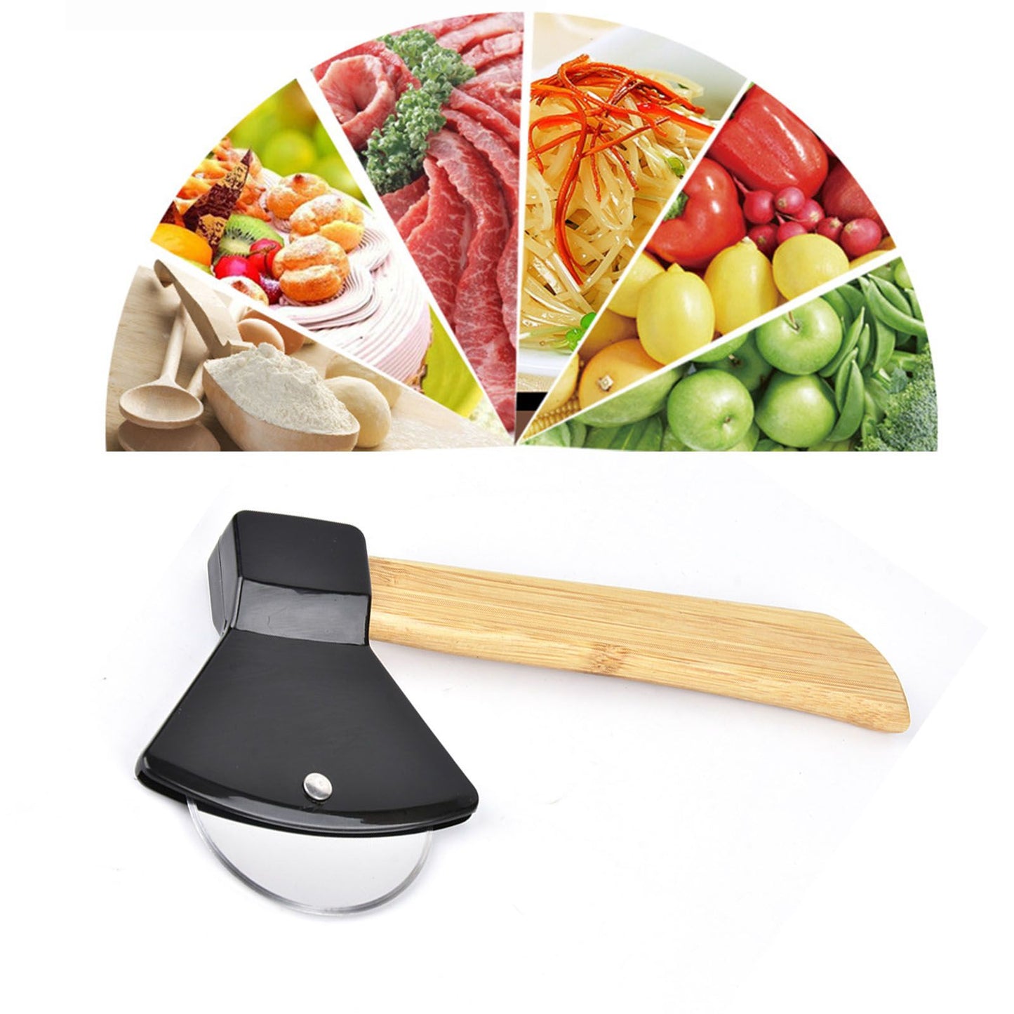 Pizza Knife 430 Steel PP Bamboo Handle Ergonomically Round Axe Pizza