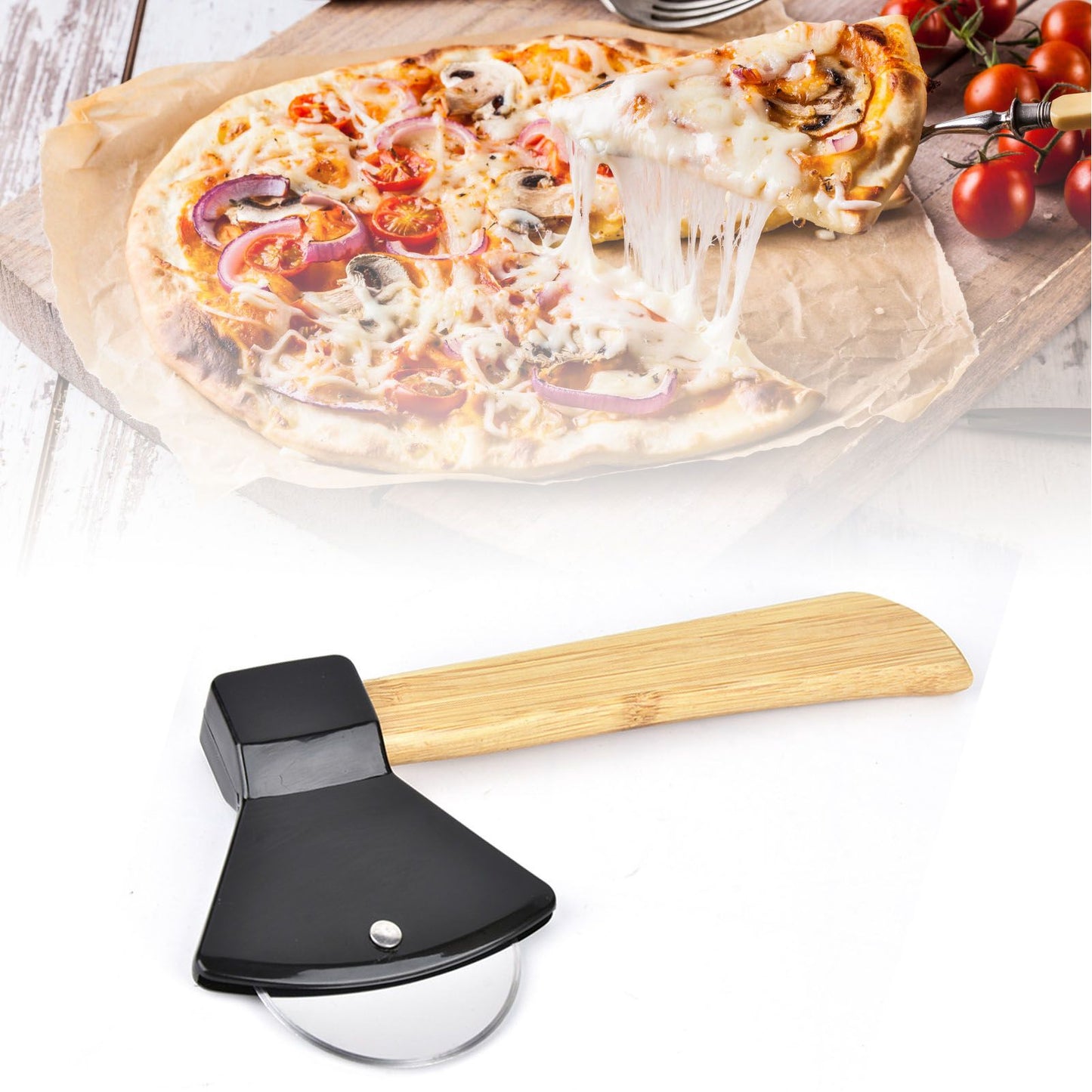 Pizza Knife 430 Steel PP Bamboo Handle Ergonomically Round Axe Pizza