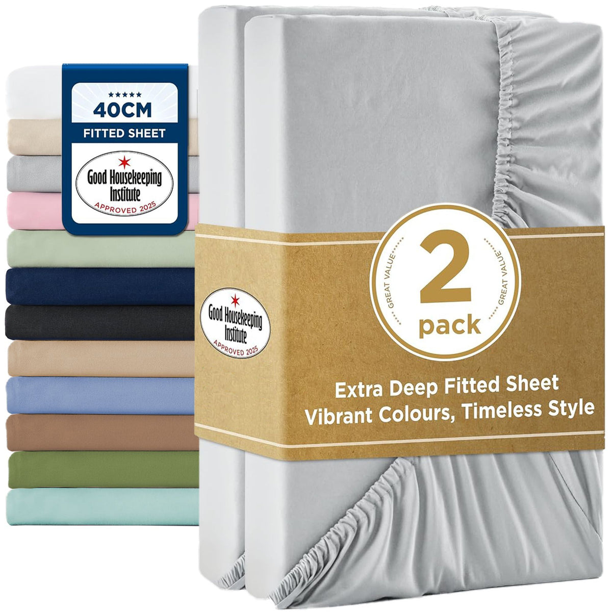 2000TC Hotel Quality Fitted Sheets - 2 Piece Fitted Sheets  -Breathable Bedding - Wrinkle, Fade, Stain Resistant- 16inch/40cm Deep Pocket Fitted Bed Sheets-Wrinkle and Fade Resistant,(Silver-gray,King)