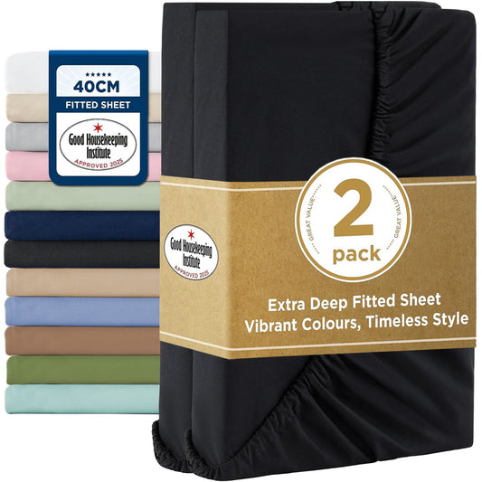 2000TC Hotel Quality Fitted Sheets - 2 Piece Fitted Sheets  -Breathable Bedding - Wrinkle, Fade, Stain Resistant- 16inch/40cm Deep Pocket Fitted Bed Sheets-Wrinkle and Fade Resistant,(Black,Queen)