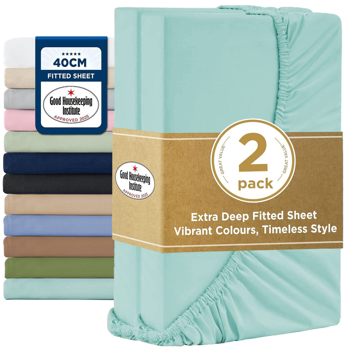 2000TC Hotel Quality Fitted Sheets - 2 Piece Fitted Sheets  -Breathable Bedding - Wrinkle, Fade, Stain Resistant- 16inch/40cm Deep Pocket Fitted Bed Sheets-Wrinkle and Fade Resistant,(Ice blue,Single)