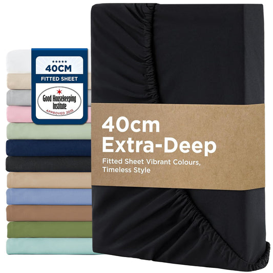 2000TC Hotel Quality Fitted Sheets - 2 Piece Fitted Sheets  -Breathable Bedding - Wrinkle, Fade, Stain Resistant- 16inch/40cm Deep Pocket Fitted Bed Sheets-Wrinkle and Fade Resistant,(Black,Queen)