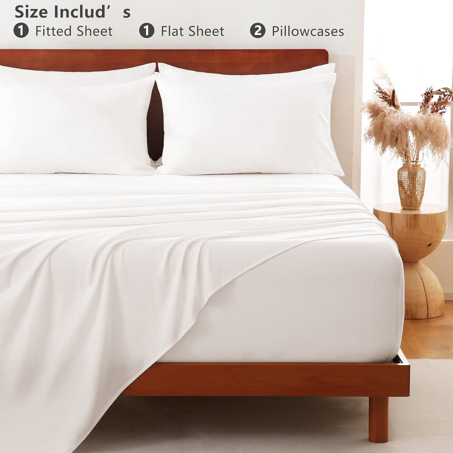 Hotel Soft Bed Sheet Set- Bedding Sheets & Pillowcases -Breathable Bedding - Wrinkle, Fade, Stain Resistant-Deep Pocket Flat Fitted Bed Sheet Set(White,Double)
