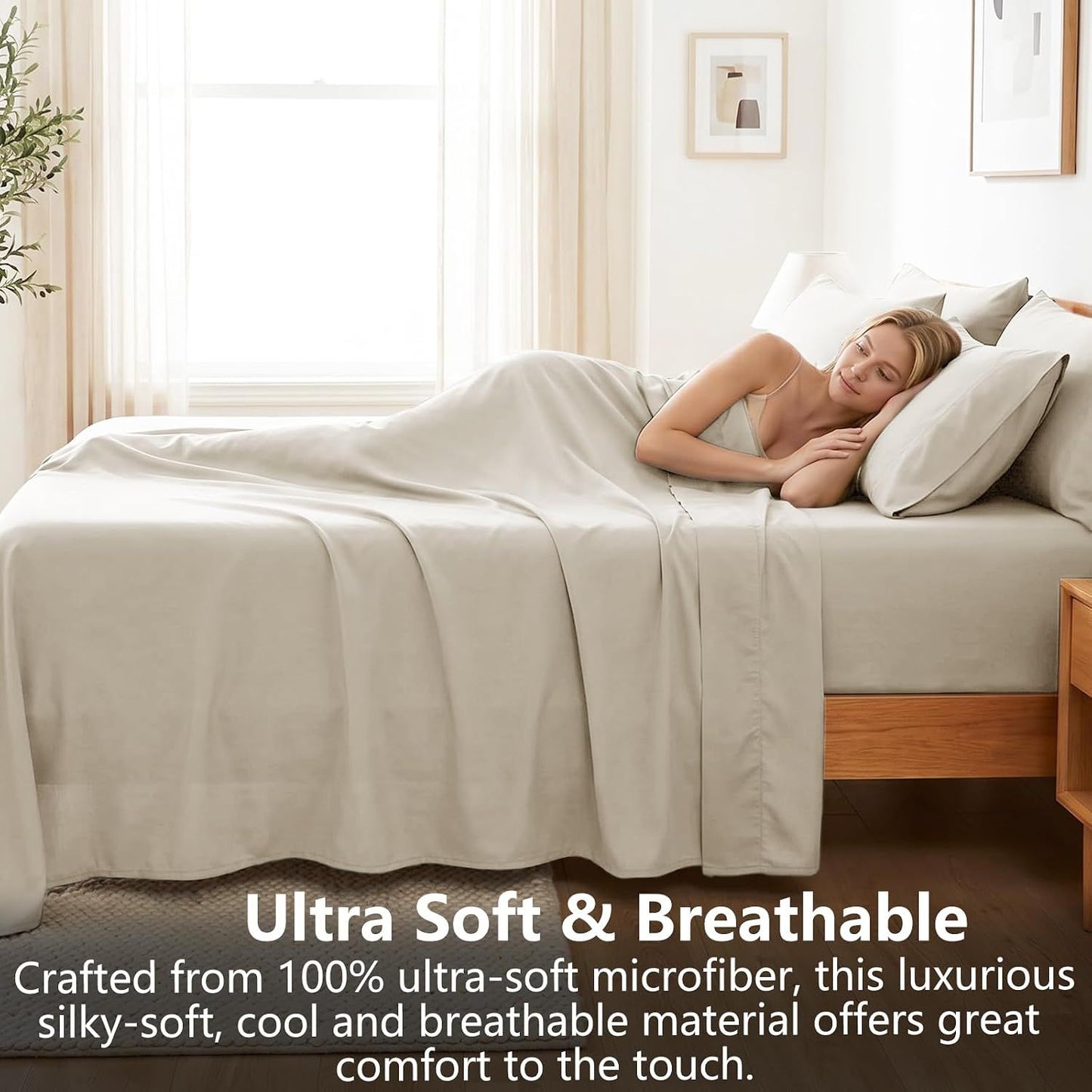 Hotel Soft Bed Sheet Set- Bedding Sheets & Pillowcases -Breathable Bedding - Wrinkle, Fade, Stain Resistant-Deep Pocket Flat Fitted Bed Sheet Set(Cream White,Double)