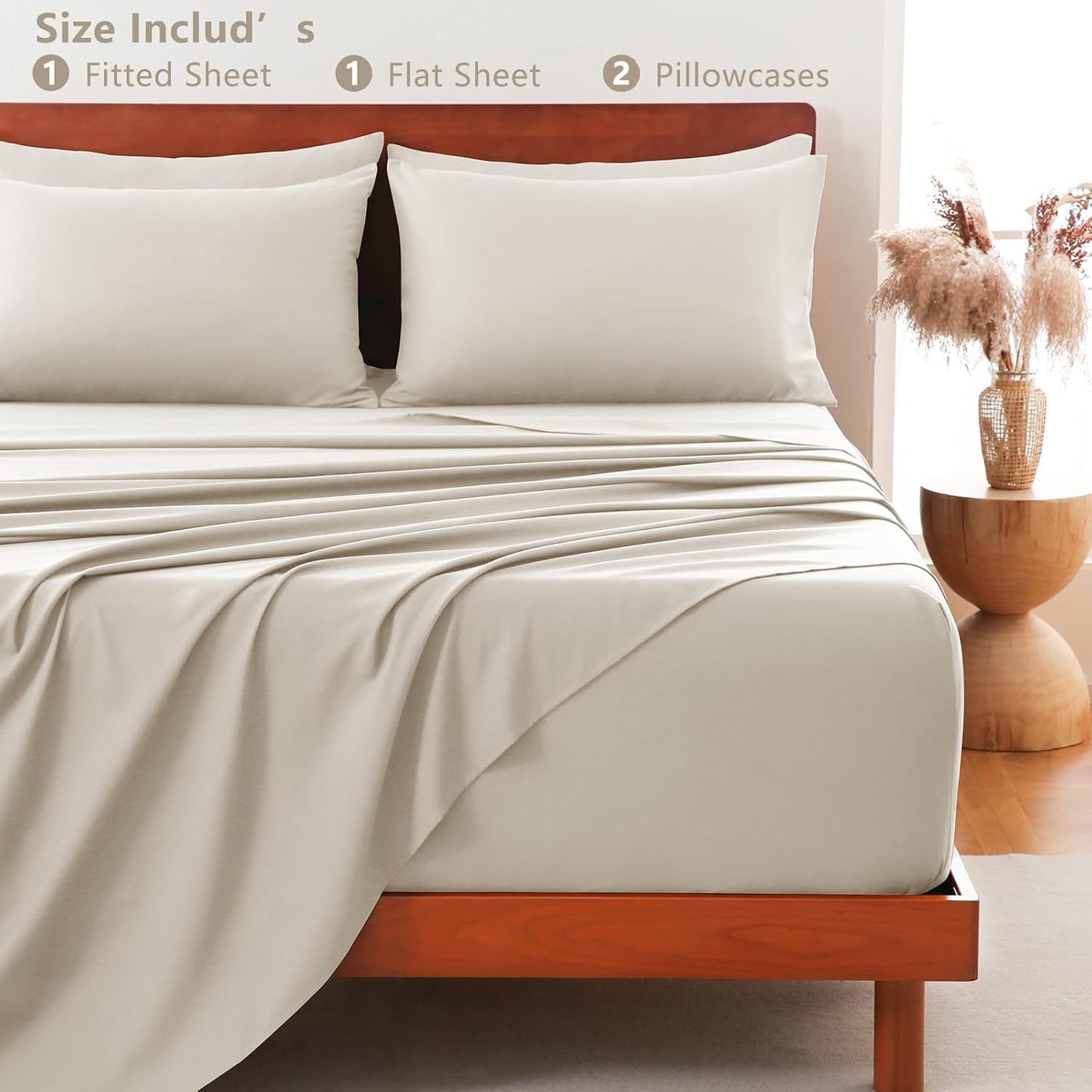 Hotel Soft Bed Sheet Set- Bedding Sheets & Pillowcases -Breathable Bedding - Wrinkle, Fade, Stain Resistant-Deep Pocket Flat Fitted Bed Sheet Set(Cream White,Double)
