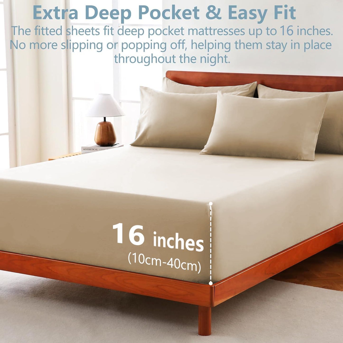 Hotel Soft Bed Sheet Set- Bedding Sheets & Pillowcases -Breathable Bedding - Wrinkle, Fade, Stain Resistant-Deep Pocket Flat Fitted Bed Sheet Set(Camel Beige,Double)