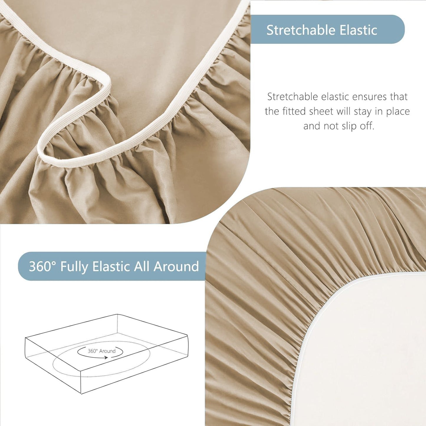 Hotel Soft Bed Sheet Set- Bedding Sheets & Pillowcases -Breathable Bedding - Wrinkle, Fade, Stain Resistant-Deep Pocket Flat Fitted Bed Sheet Set(Camel Beige,Double)