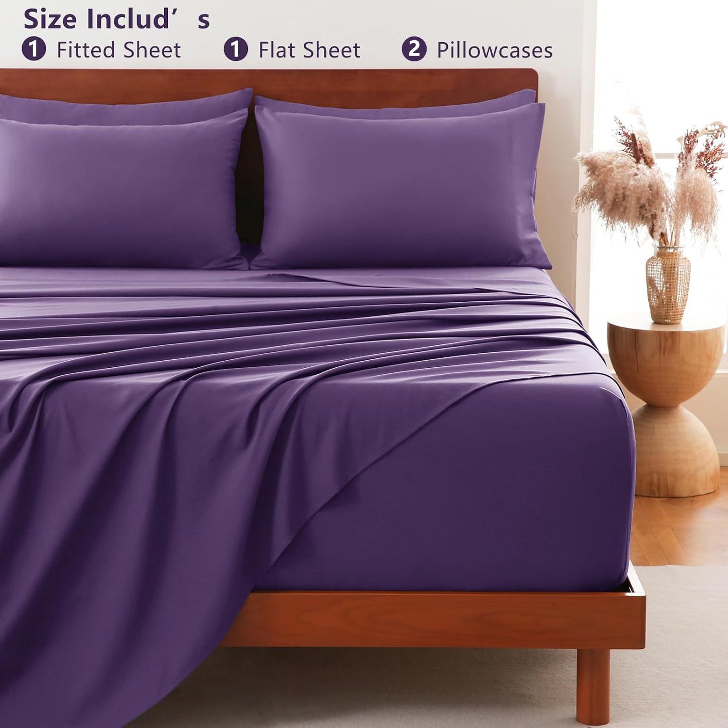 Hotel Soft Bed Sheet Set- Bedding Sheets & Pillowcases -Breathable Bedding - Wrinkle, Fade, Stain Resistant-Deep Pocket Flat Fitted Bed Sheet Set(Purple,Double)