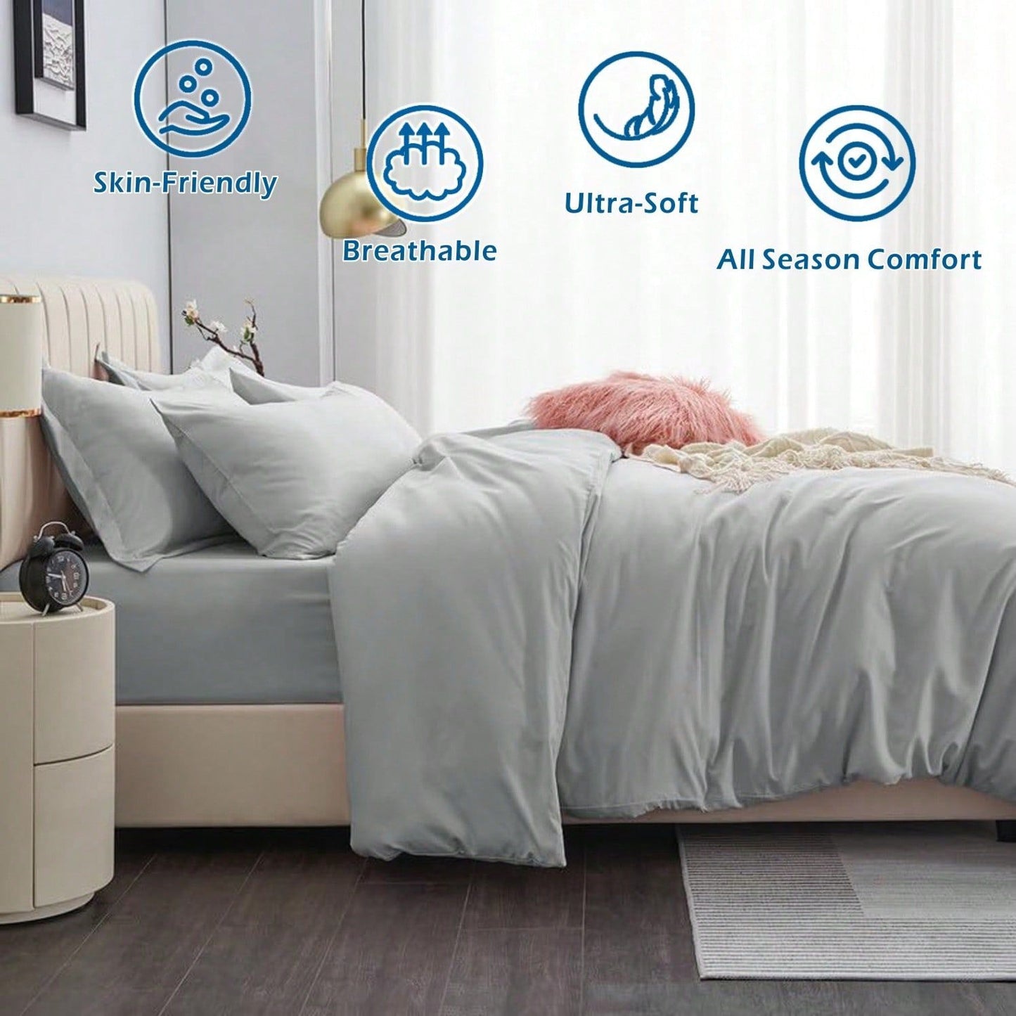 Hotel Soft Microfiber Duvet Cover Set-2000TC Quilt Cover Set & Pillowcases -1 Donna Cover Zipper Closure & 1 x Pillowcases-Breathable Bedding - Wrinkle, Fade, Stain Resistant(Silver-gray,King)