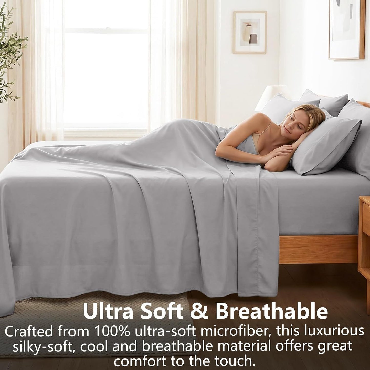 Hotel Soft Bed Sheet Set- Bedding Sheets & Pillowcases -Breathable Bedding - Wrinkle, Fade, Stain Resistant-Deep Pocket Flat Fitted Bed Sheet Set(Silver-gray,King Single)