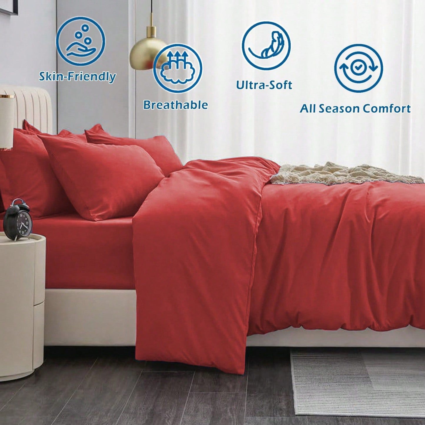 Hotel Soft Microfiber Duvet Cover Set-2000TC Quilt Cover Set & Pillowcases -1 Donna Cover Zipper Closure & 1 x Pillowcases-Breathable Bedding - Wrinkle, Fade, Stain Resistant(Red,Queen)