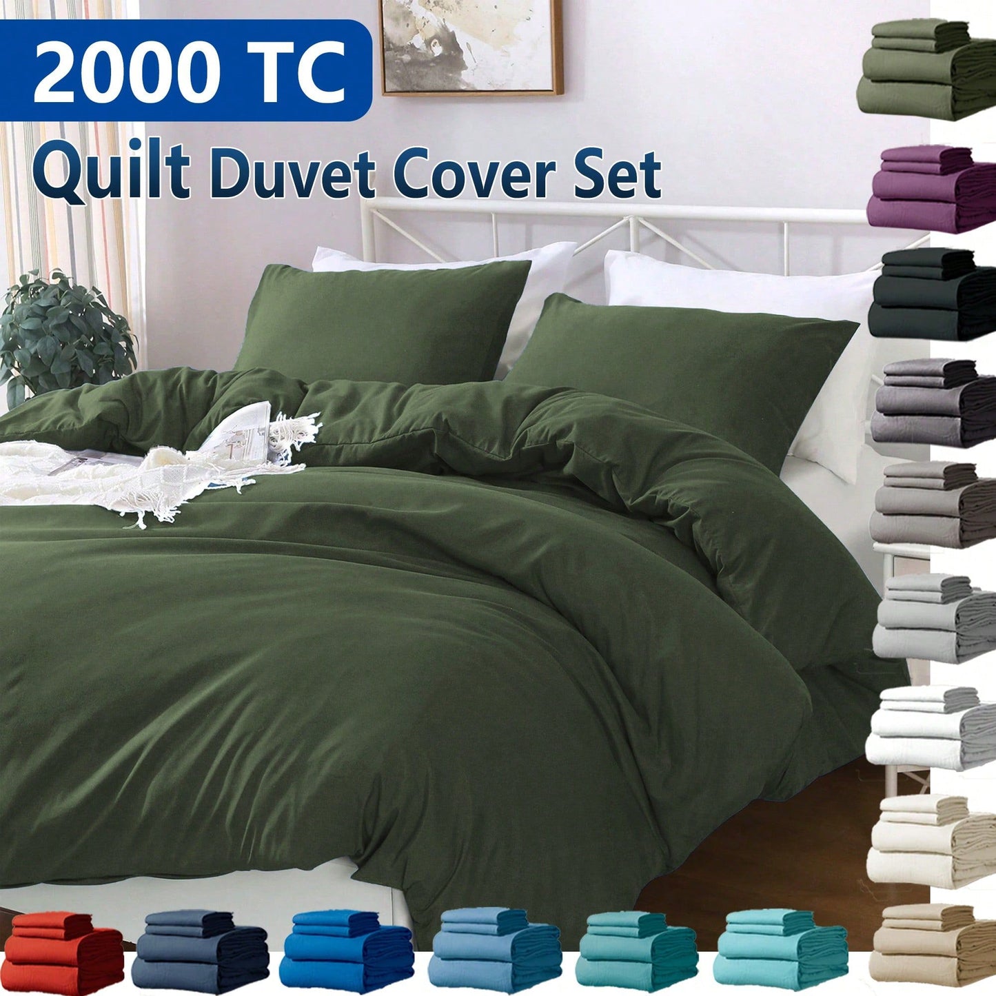 Hotel Soft Microfiber Duvet Cover Set-2000TC Quilt Cover Set & Pillowcases -1 Donna Cover Zipper Closure & 1 x Pillowcases-Breathable Bedding - Wrinkle, Fade, Stain Resistant(Olive green,Super King)