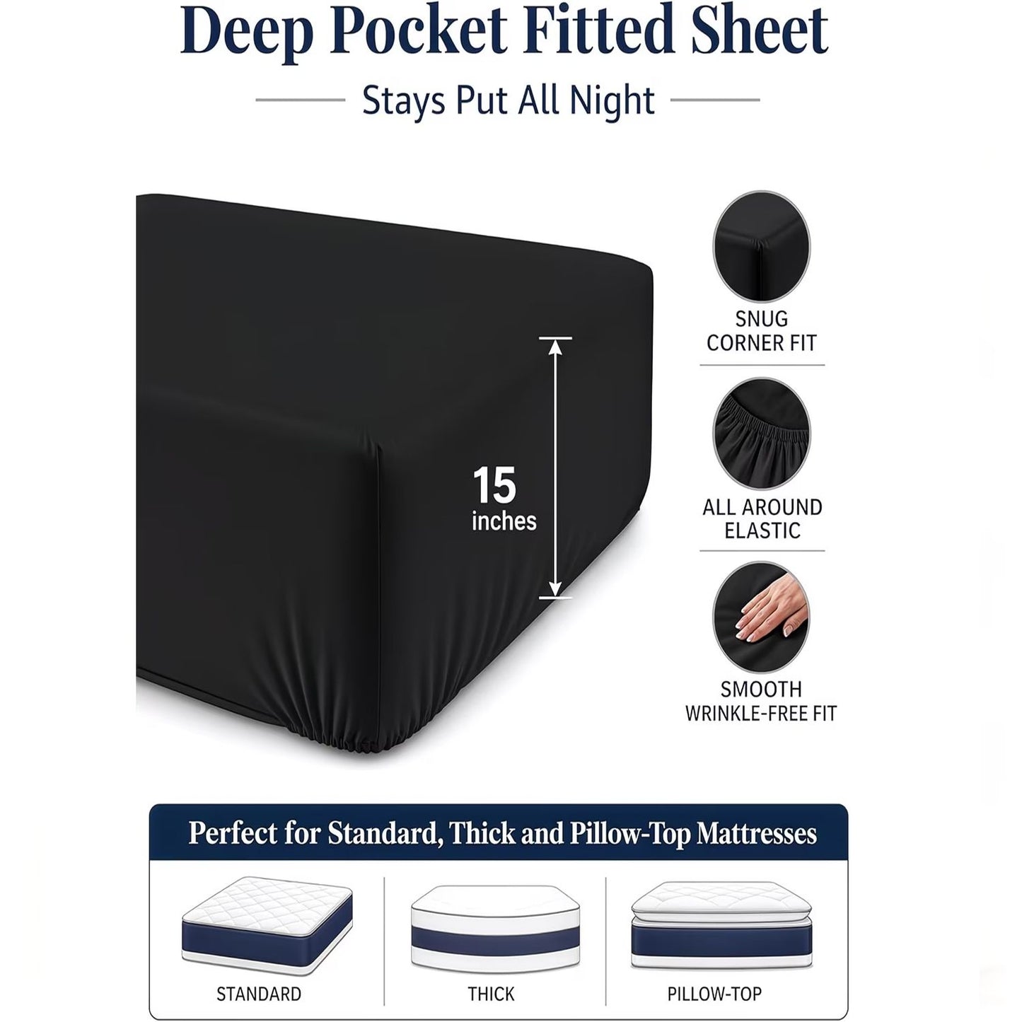 Hotel Quality Fitted Sheet - 1 Piece Fitted Sheet  -Breathable Bedding - Wrinkle, Fade, Stain Resistant- 16inch/40cm Deep Pocket Fitted Bed Sheet-Wrinkle and Fade Resistant,(Black,Super King)
