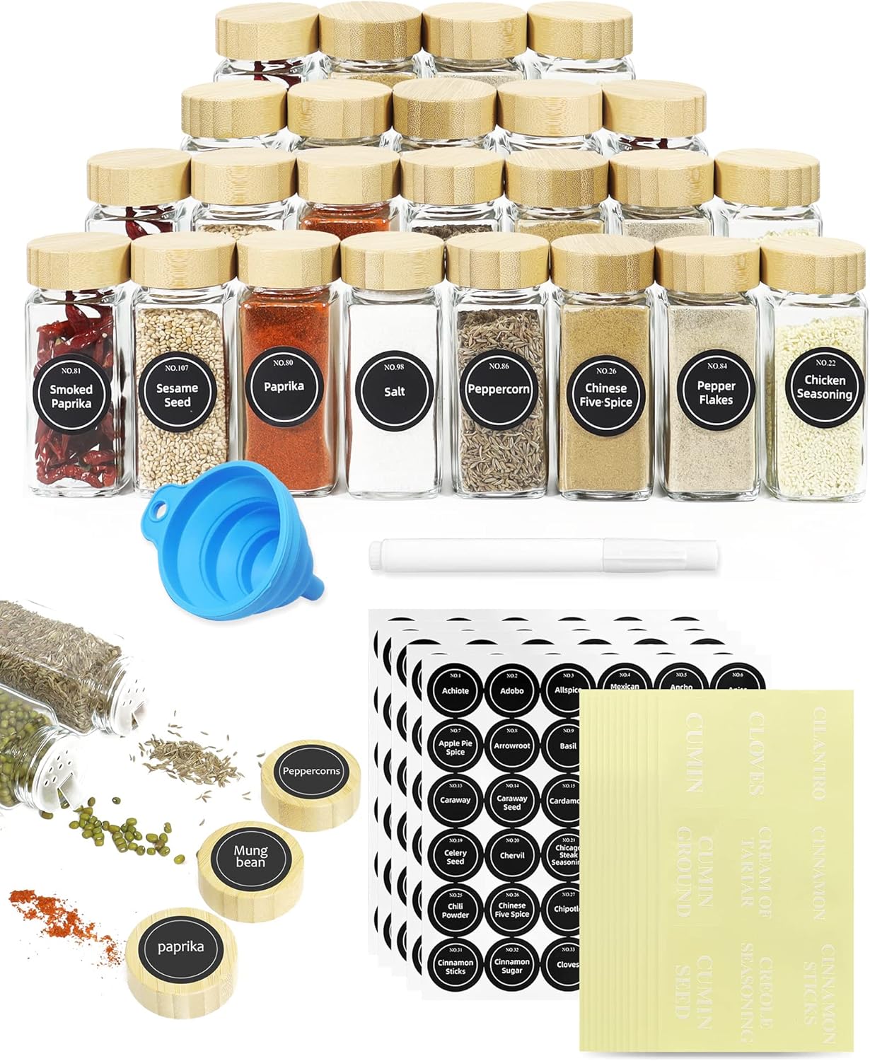 CARLA HOME 24 Glass Spice Jars with Bamboo Lids
