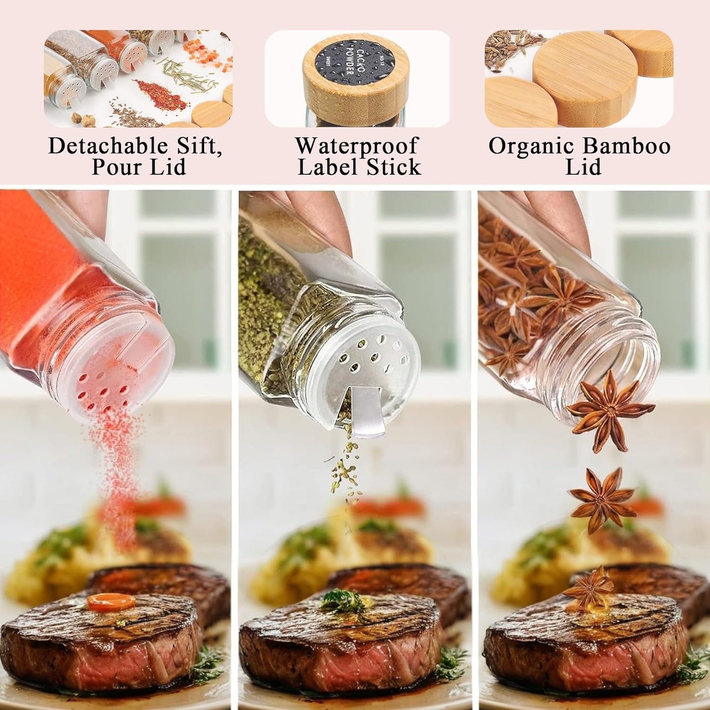 CARLA HOME 24 Glass Spice Jars with Bamboo Lids