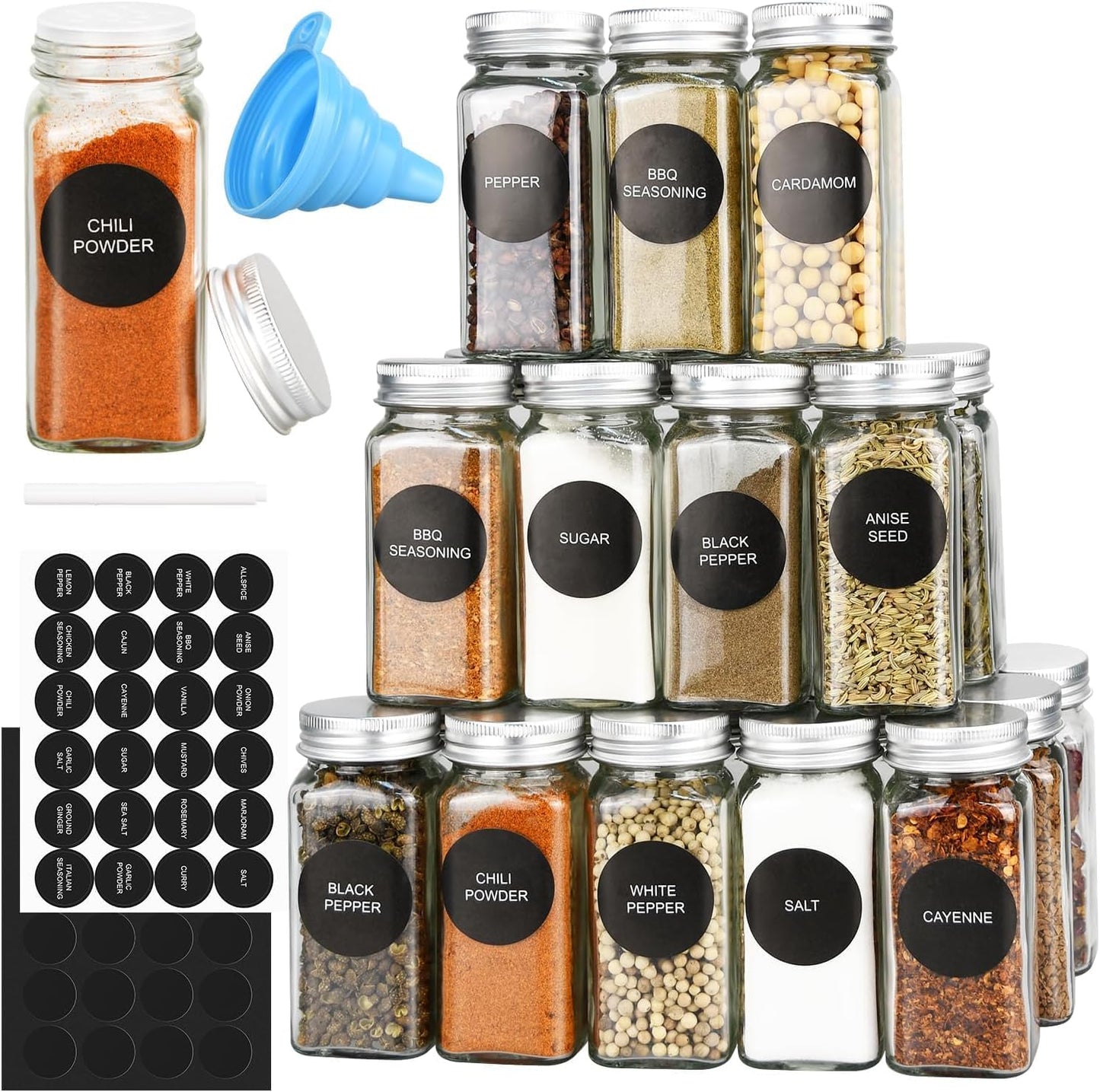 CARLA HOME 24 Glass Spice Jars with Lids, Shaker Tops