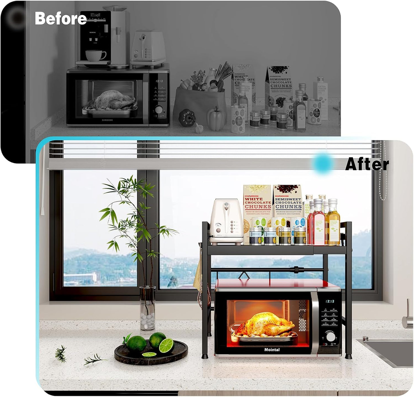 CARLA HOME 2-Tier Microwave Oven Rack with Adjustable Metal Shelf Black