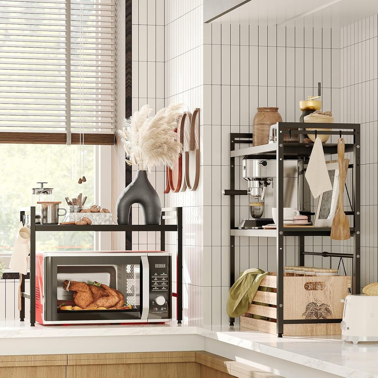 CARLA HOME 2-Tier Microwave Oven Rack with Adjustable Metal Shelf Black