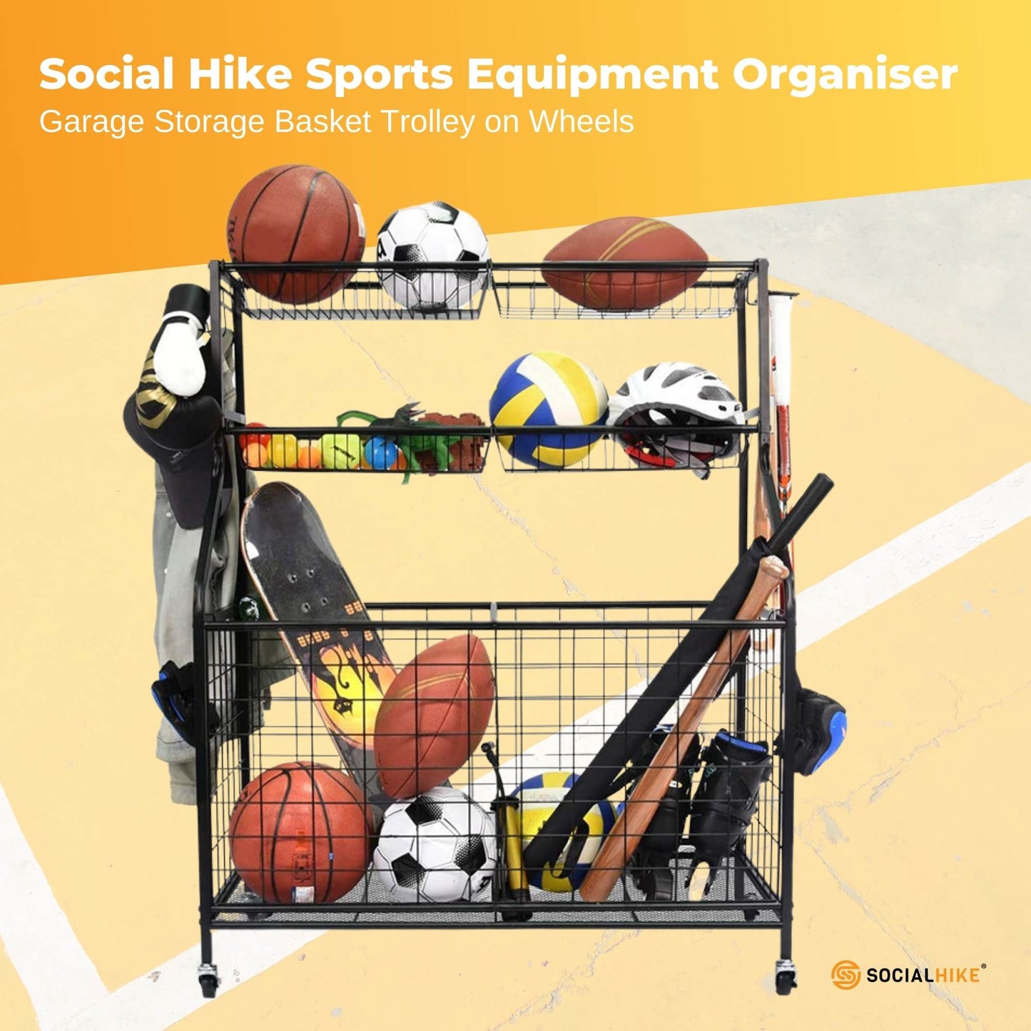Social Hike Sports Equipment Storage Organiser Trolley on Wheels