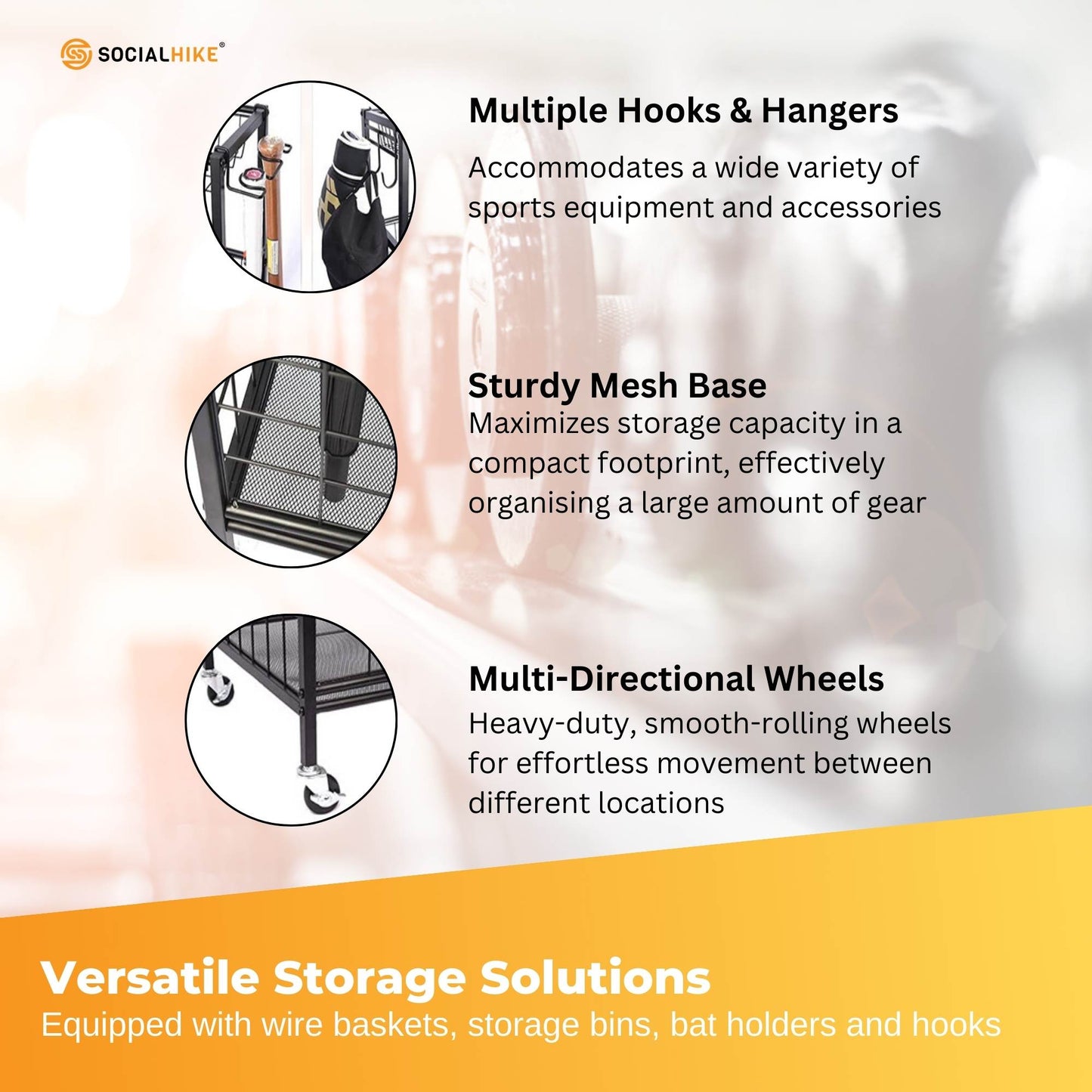 Social Hike Sports Equipment Storage Organiser Trolley on Wheels
