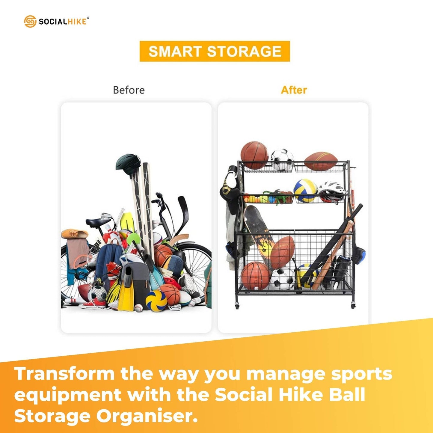 Social Hike Sports Equipment Storage Organiser Trolley on Wheels