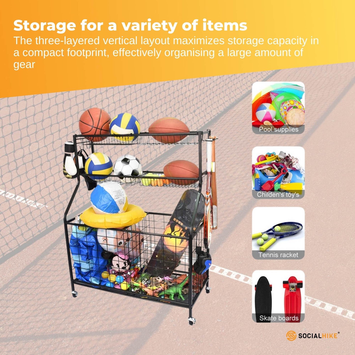 Social Hike Sports Equipment Storage Organiser Trolley on Wheels