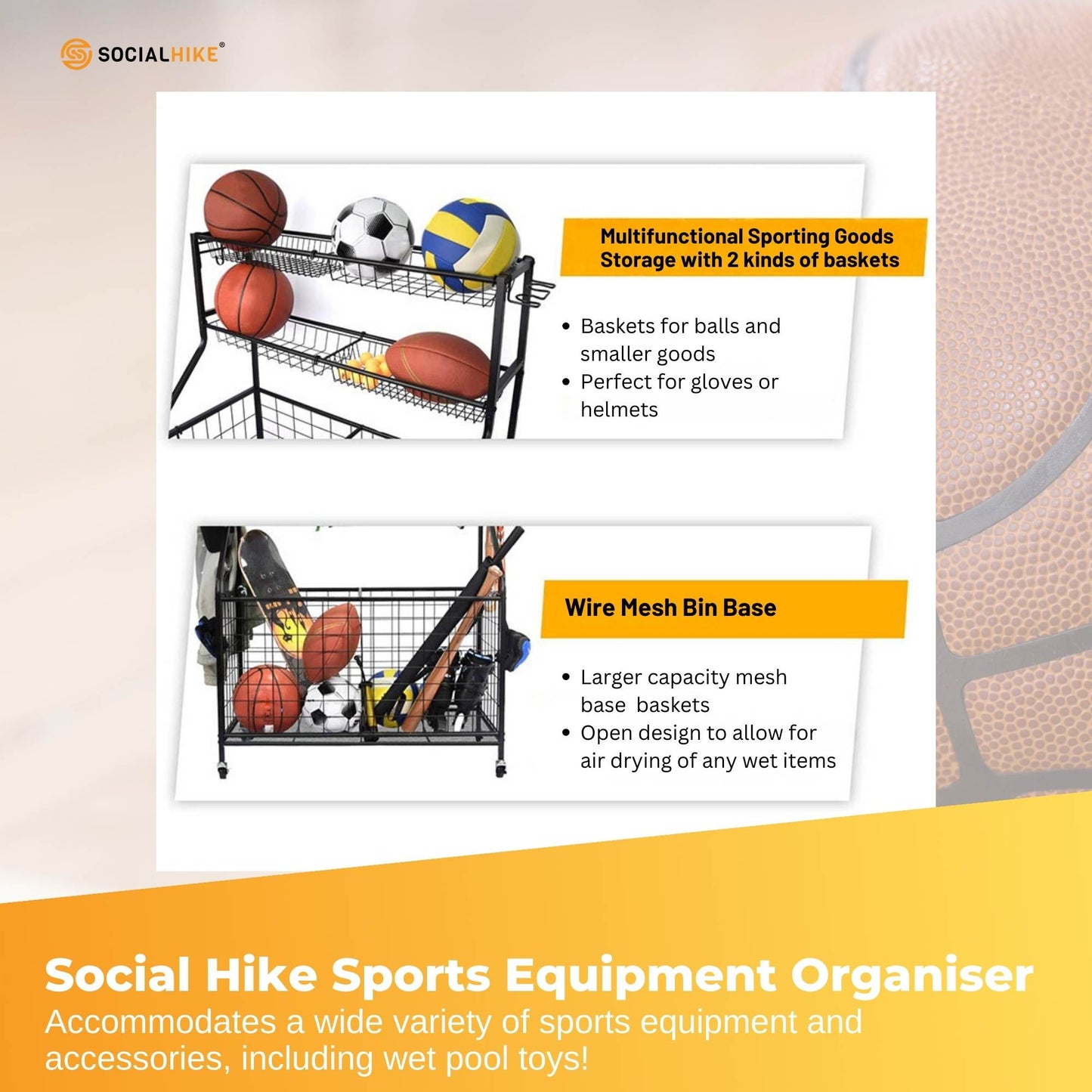 Social Hike Sports Equipment Storage Organiser Trolley on Wheels