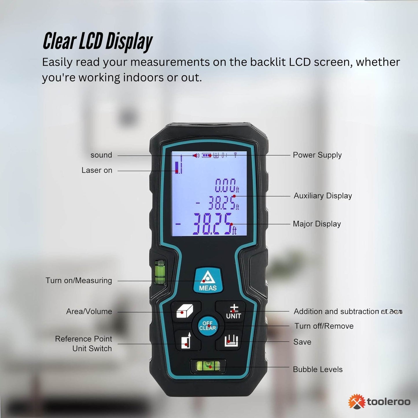 Tooleroo 100m Digital Laser Distance Measurer - LCD Area Volume Meter