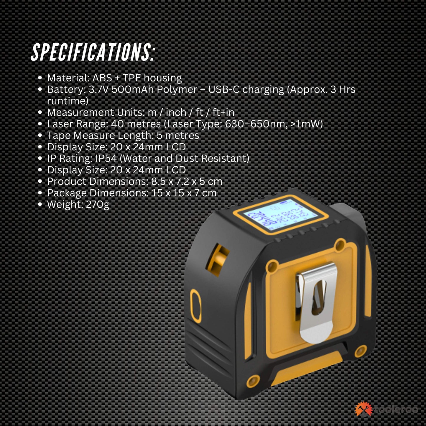 Tooleroo 40m Digital Laser Tape Measure + 5m Steel Tape