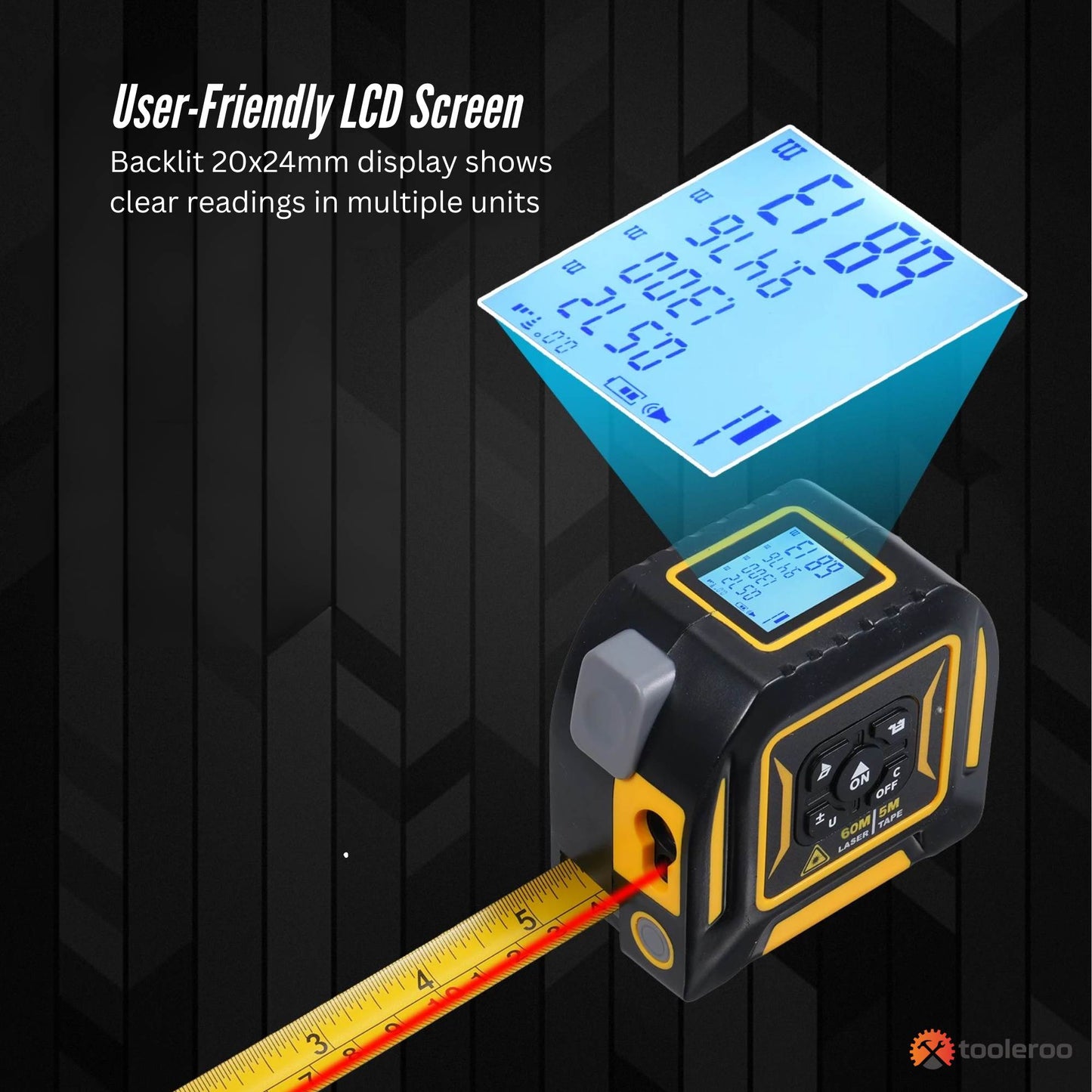 Tooleroo 60m Digital Laser Tape Measure + 5m Steel Tape