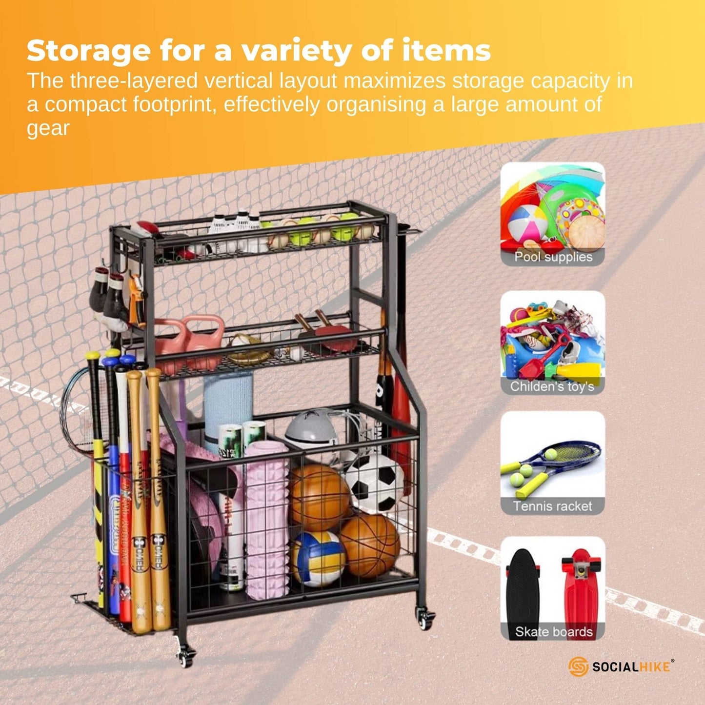 Social Hike Sports Equipment Storage Organiser with Side Rack