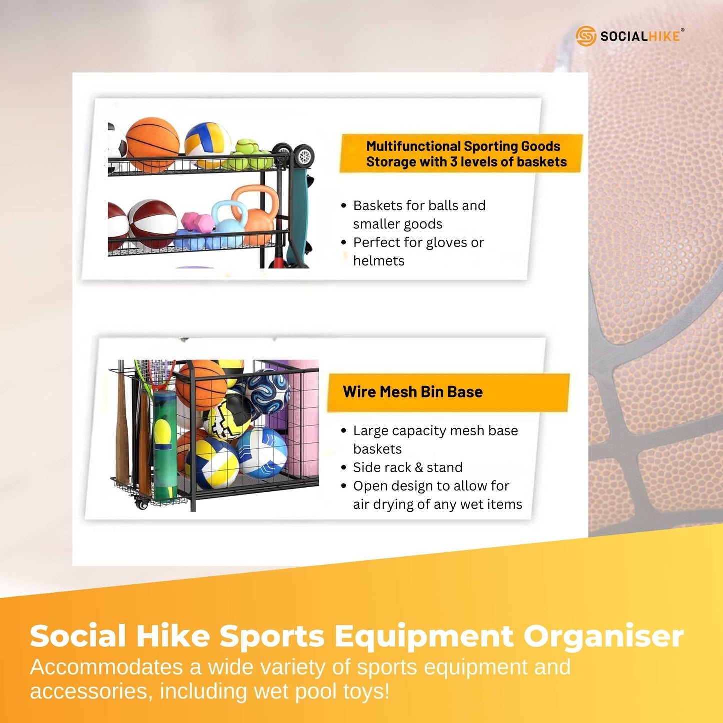 Social Hike Sports Equipment Storage Organiser with Side Rack