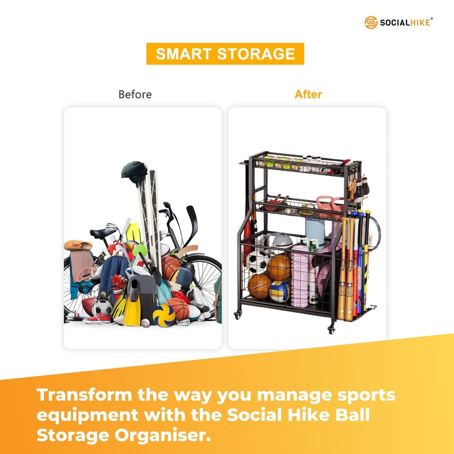 Social Hike Sports Equipment Storage Organiser with Side Rack