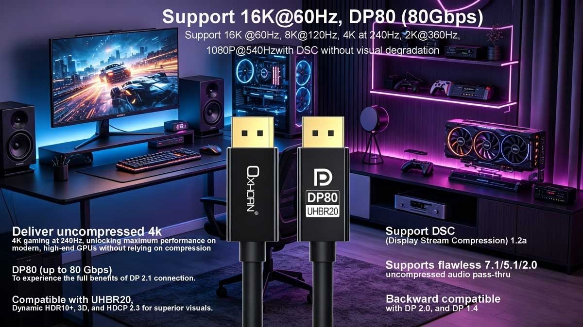 OXHORN CB-DP-16K-01 DisplayPort 2.1 Cable DP80 1m