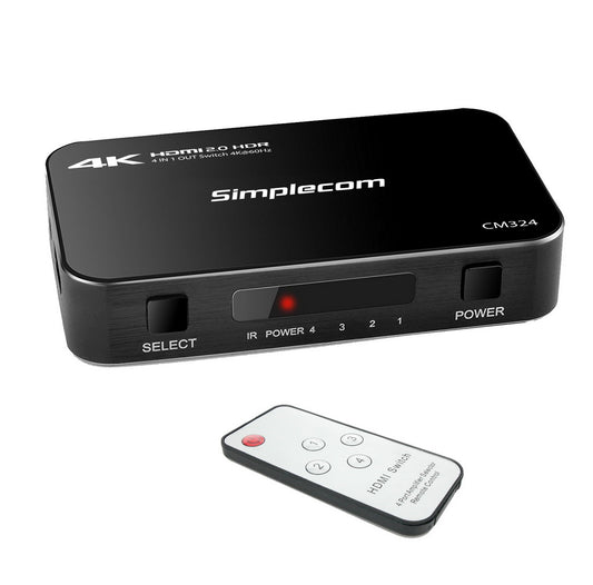 Simplecom CM324 4 Way HDMI 2.0 Switch with Remote 4 In 1 Out Splitter