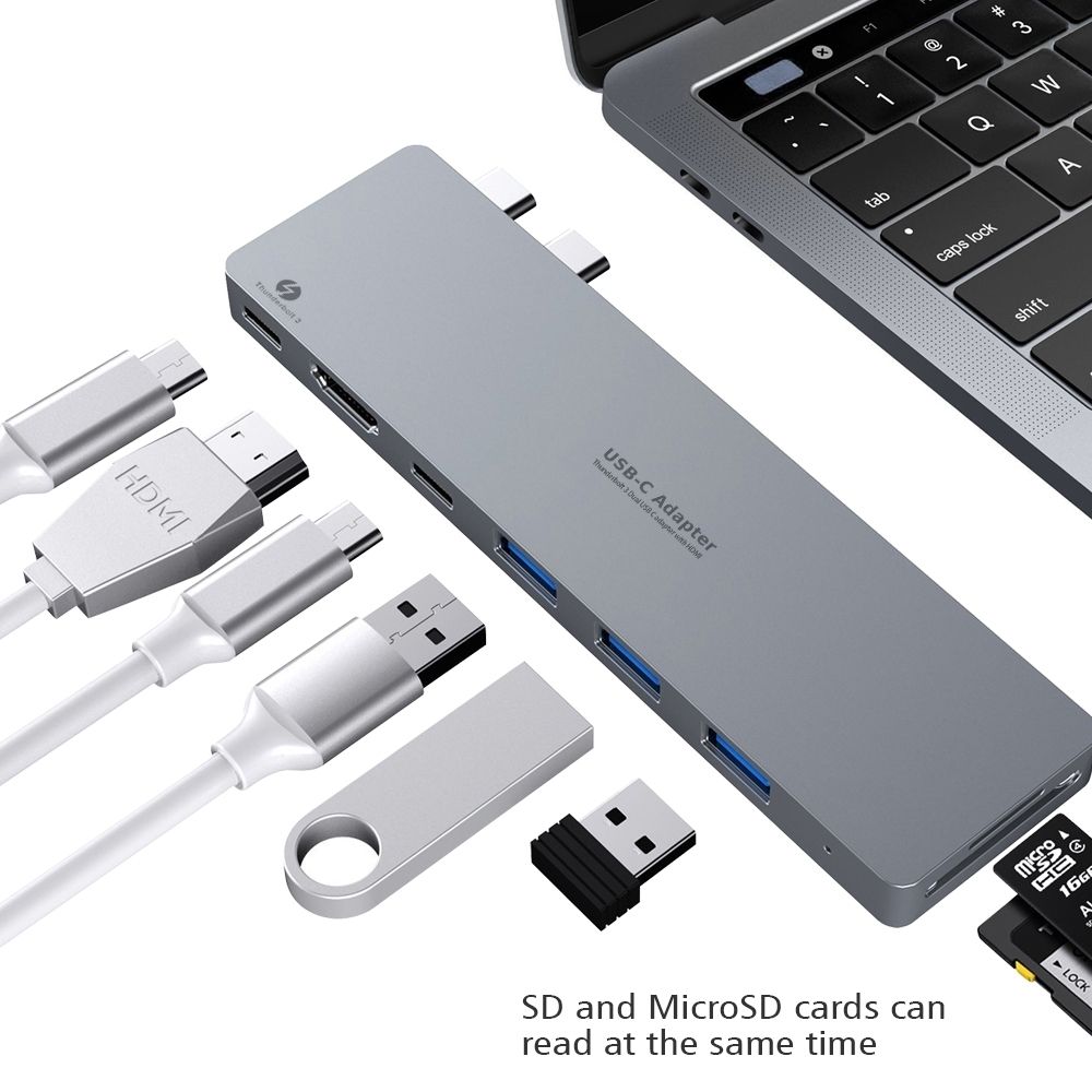 INTACT 9820T 8-in-1 Dual USB-C Adapter for MacBook/Pro HDMI/ Thunderbolt3/USB3.0*3/TypeC/SD/TF