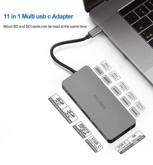 INTACT 9845T 11-in-1 USB-C Adapter HDMI/USB3.0*2/USB2.0*3/TypeC/SD*2/TF/ USB-C PD