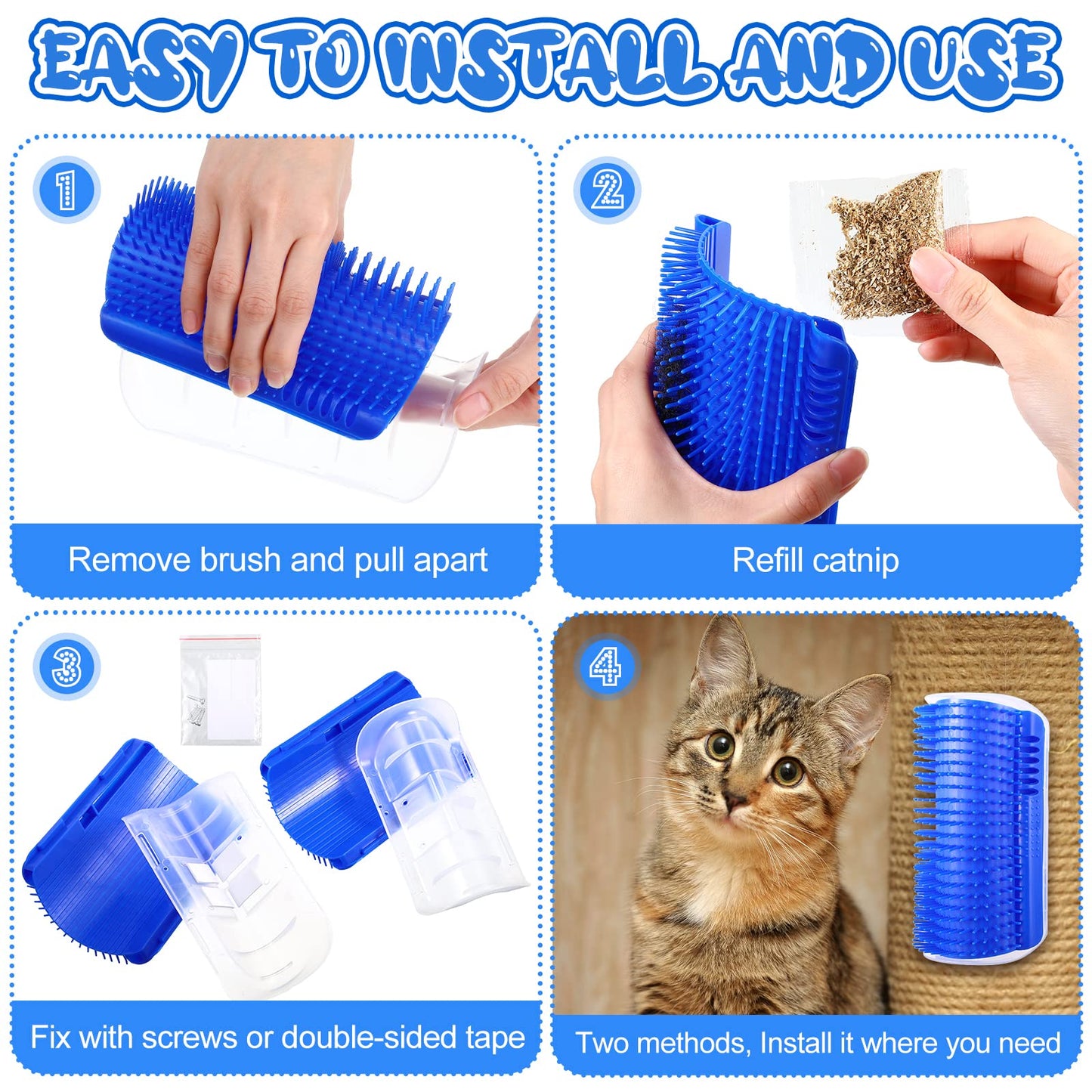 Cat Self Groomer Catnip Wall Corner Scratcher Comb Grooming Massage Brush Blue