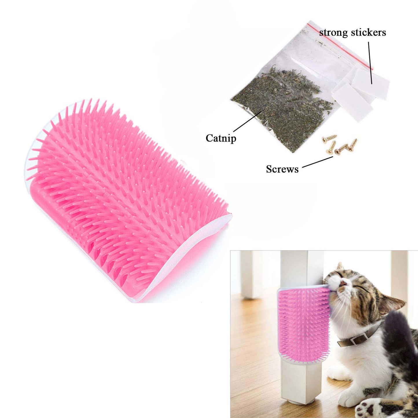 Cat Self Groomer Catnip Wall Corner Scratcher Comb Grooming Massage Brush Pink