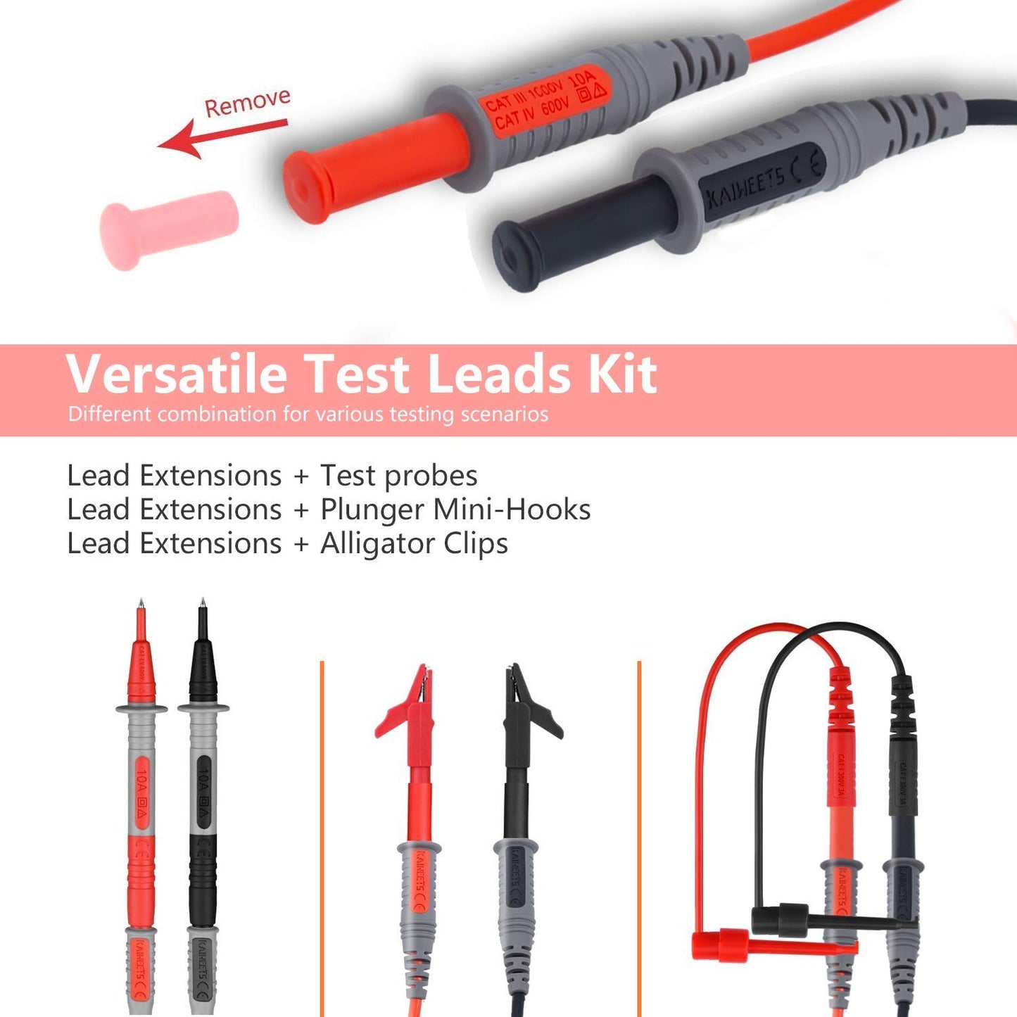 KAIWEETS Soft Silicone Electrician Test Leads Kit CAT III & CAT IV