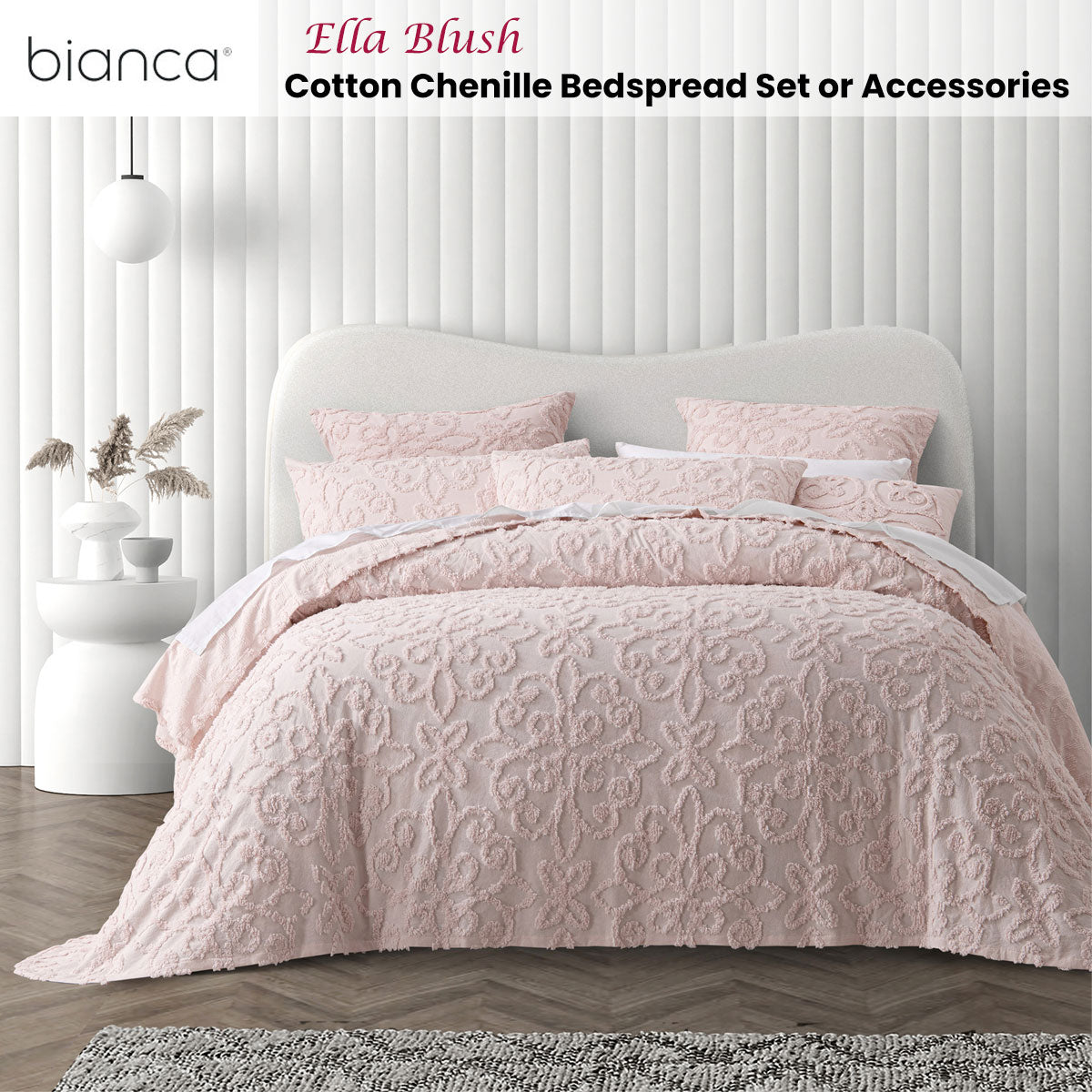 Bianca Ella Blush Cotton Chenille Floral Bedspread Set Single