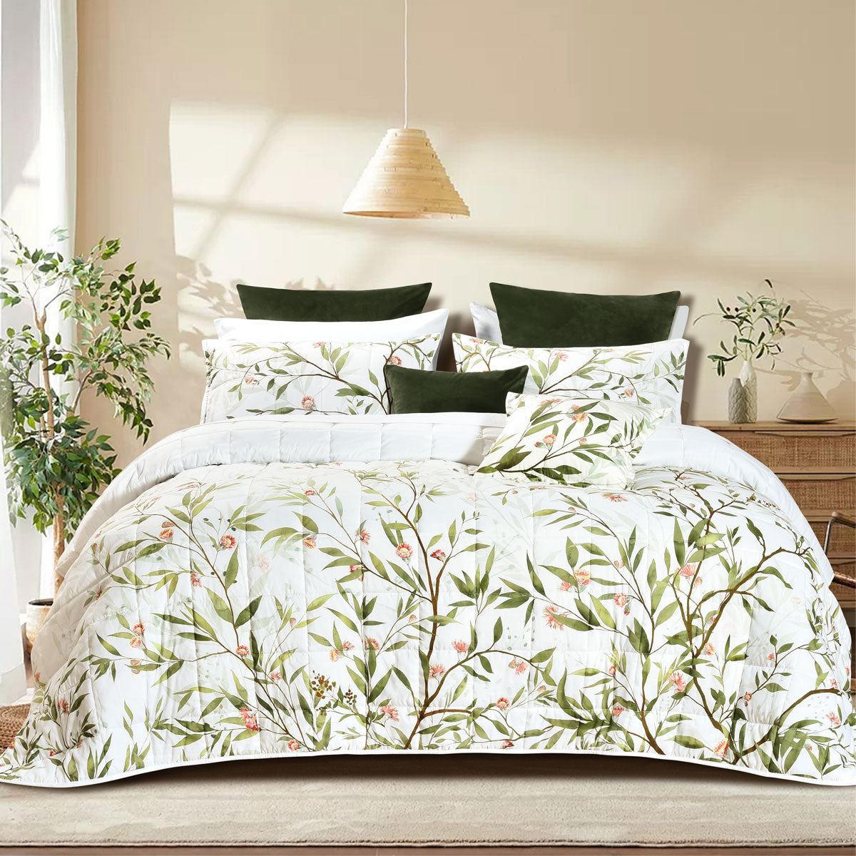 Bianca Corymbia White Floral Printed Quilted Polyester Coverlet Set Super King