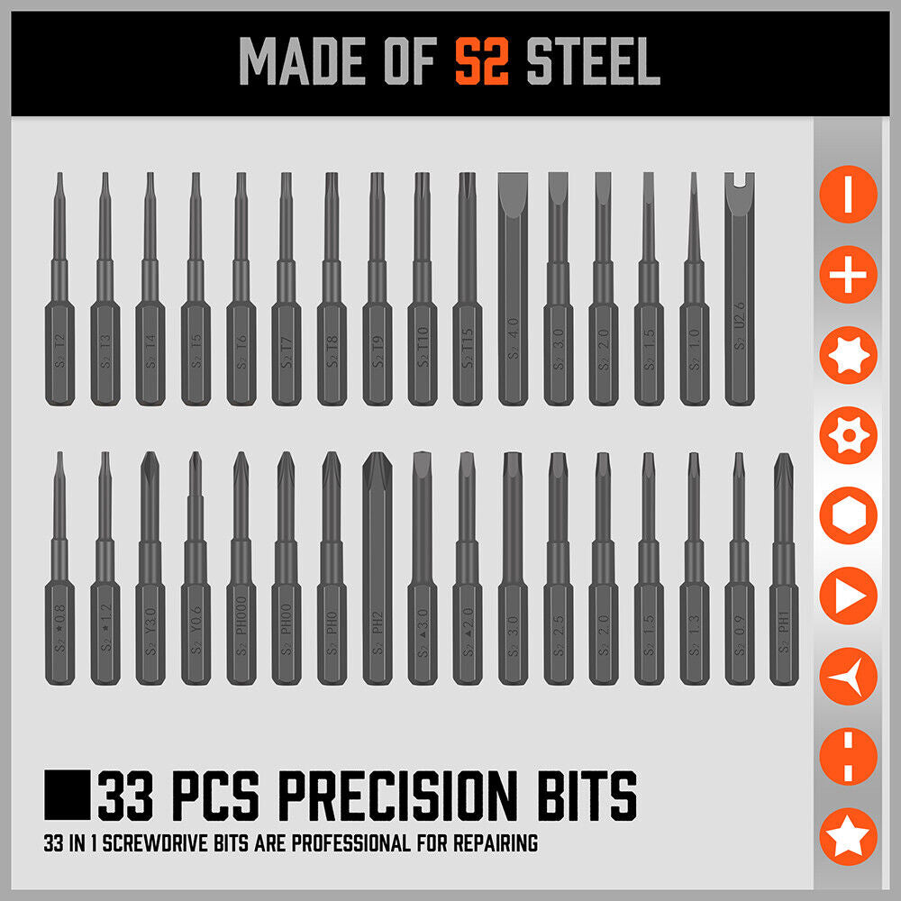 33 PC PRECISION SCREWDRIVER SET BITS PHILIP FLAT SLOTTED