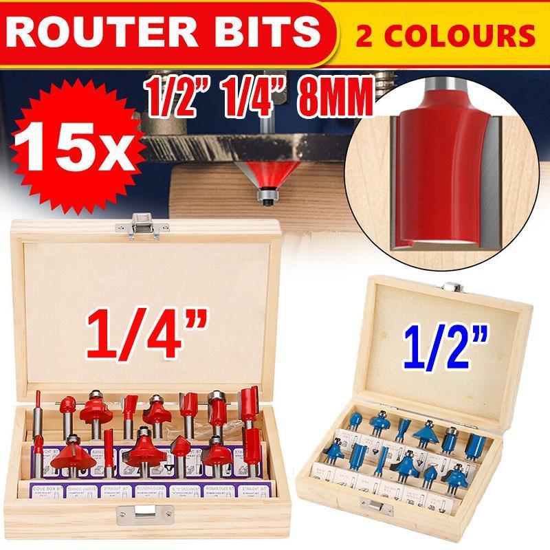 15X 1/2 1/4 inch Router Bits Set Woodworking Tool Cutter Shank