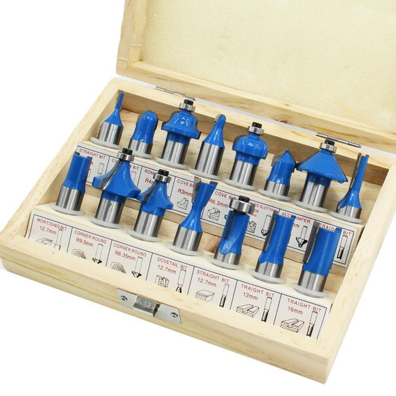 15X 1/2 1/4 inch Router Bits Set Woodworking Tool Cutter Shank