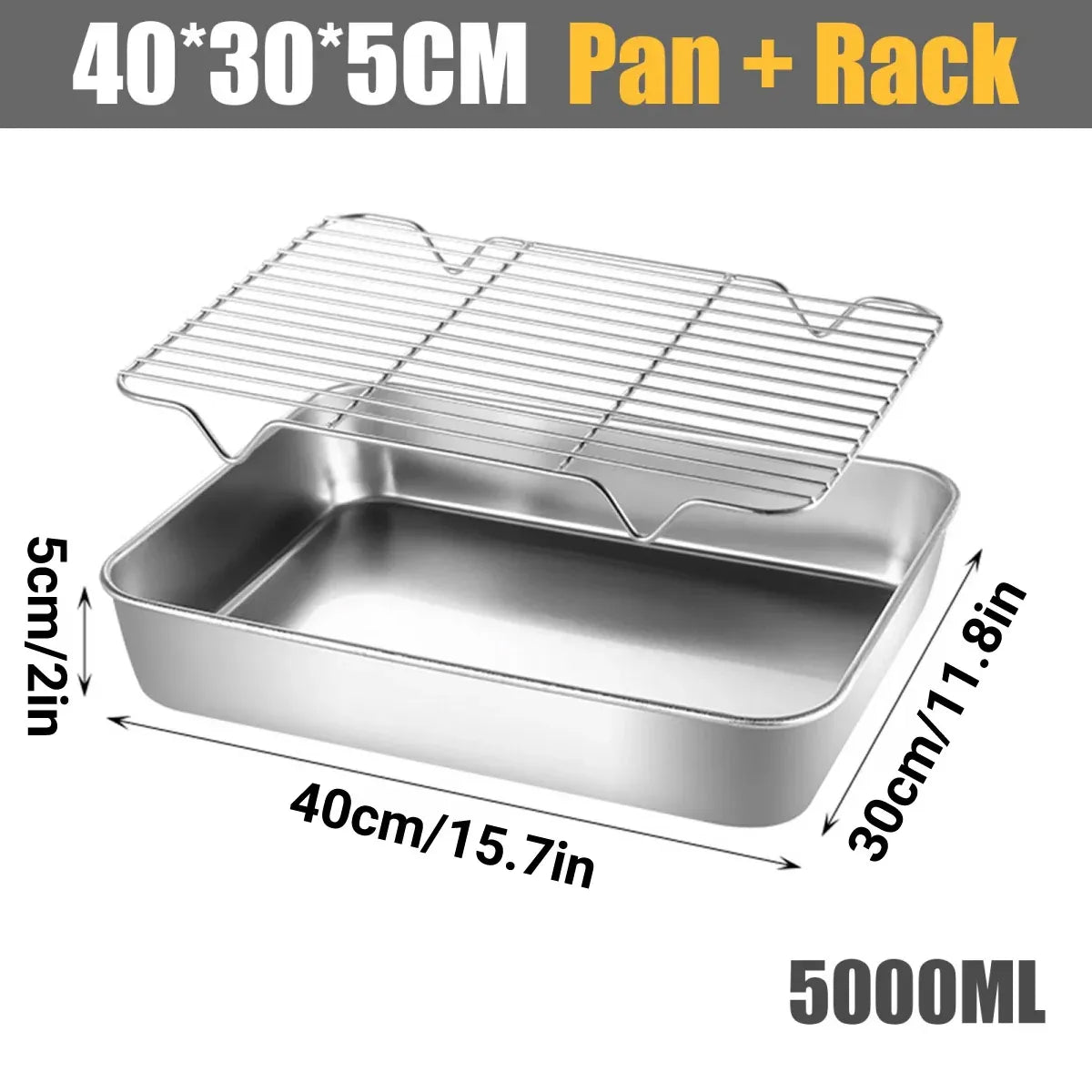 Stainless Steel Rectangular Roasting Pan with Removable Rack 5L Baking Oven Tray