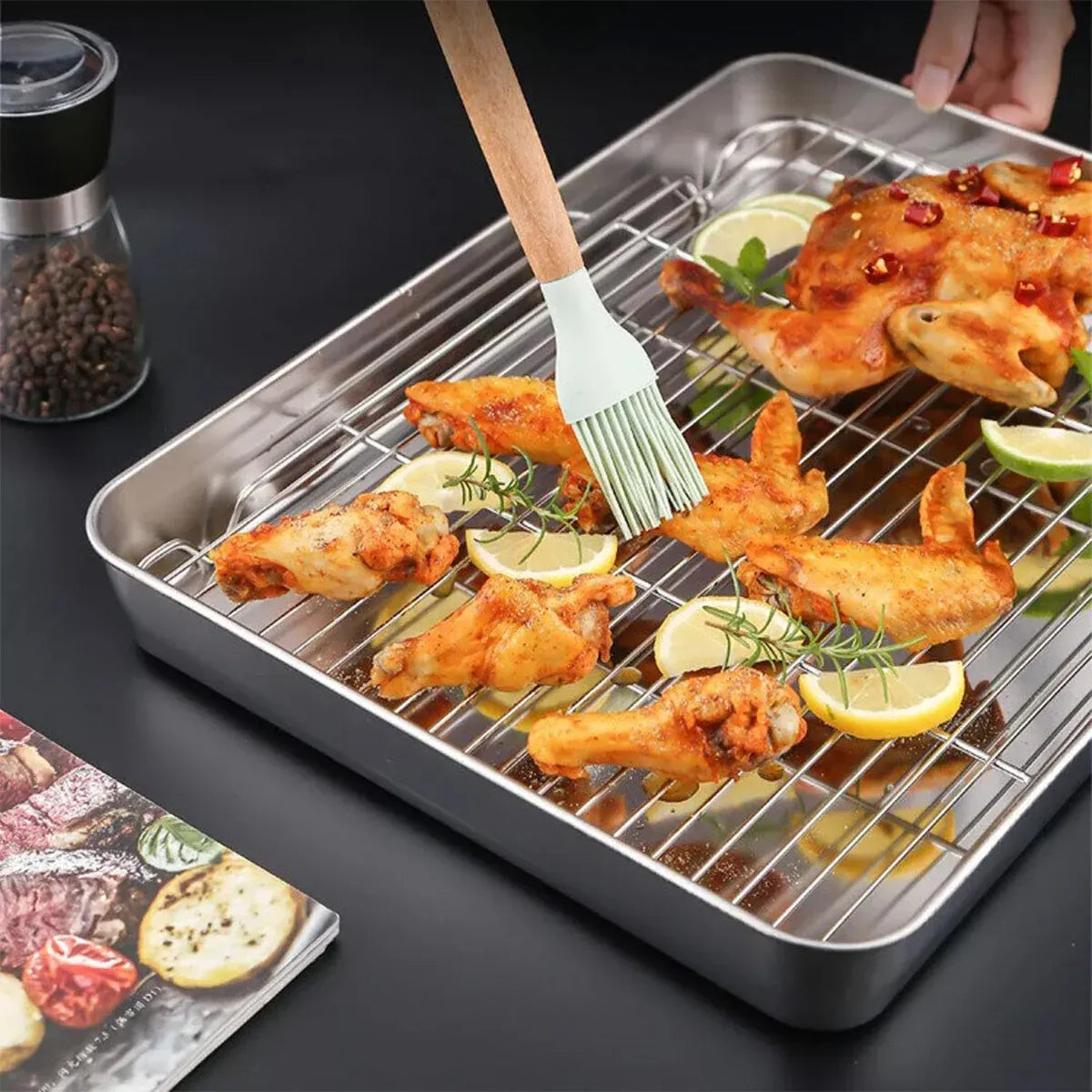 Stainless Steel Rectangular Roasting Pan with Removable Rack 5L Baking Oven Tray