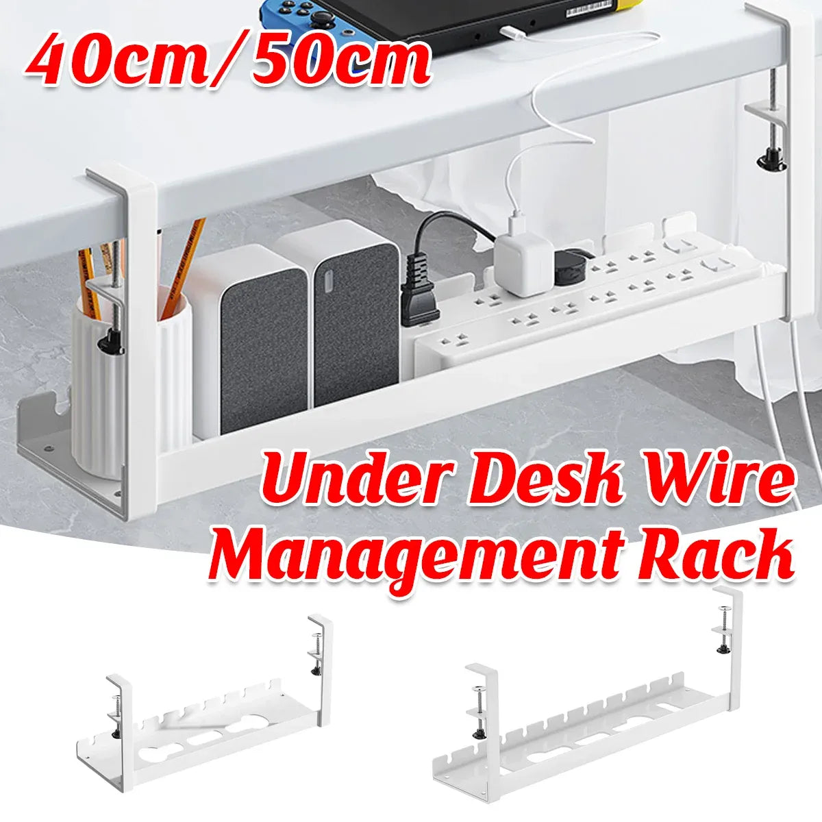 Under Table Cable Management Rack Wire Organizer Power Strip Holder for Home - 50cm