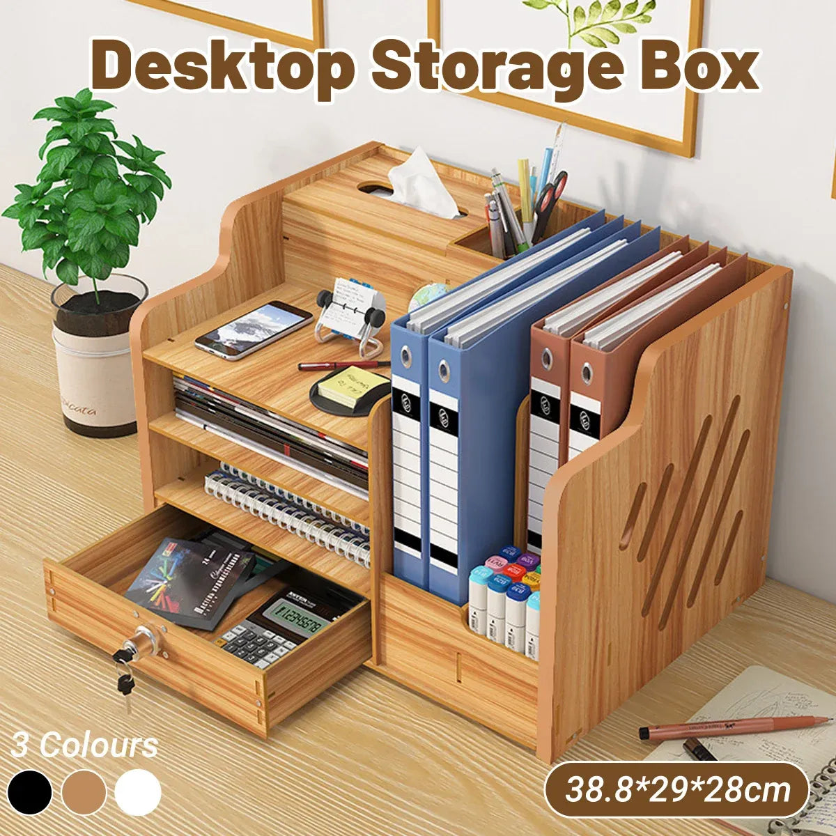 Wooden Desktop Storage Box with Locking Drawer Space Saving for Home Office Use - Black